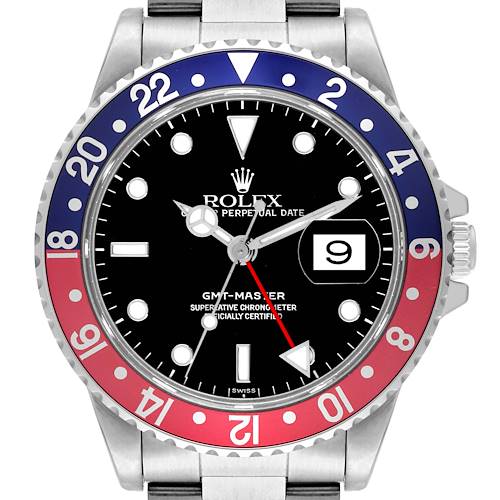 The image shows a front view of the Rolex GMT-Master 16700 Men's Stainless Steel Black Dial 16700 Men's Stainless Steel Black Dial watch, highlighting the dial, bezel, and part of the bracelet.