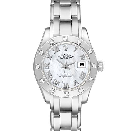 The image shows a head-on view of the Rolex Pearlmaster 80319 Women's White Gold Mother of Pearl Dial 80319 Women's White Gold Mother of Pearl Dial watch, highlighting the face, bezel, and part of the bracelet.