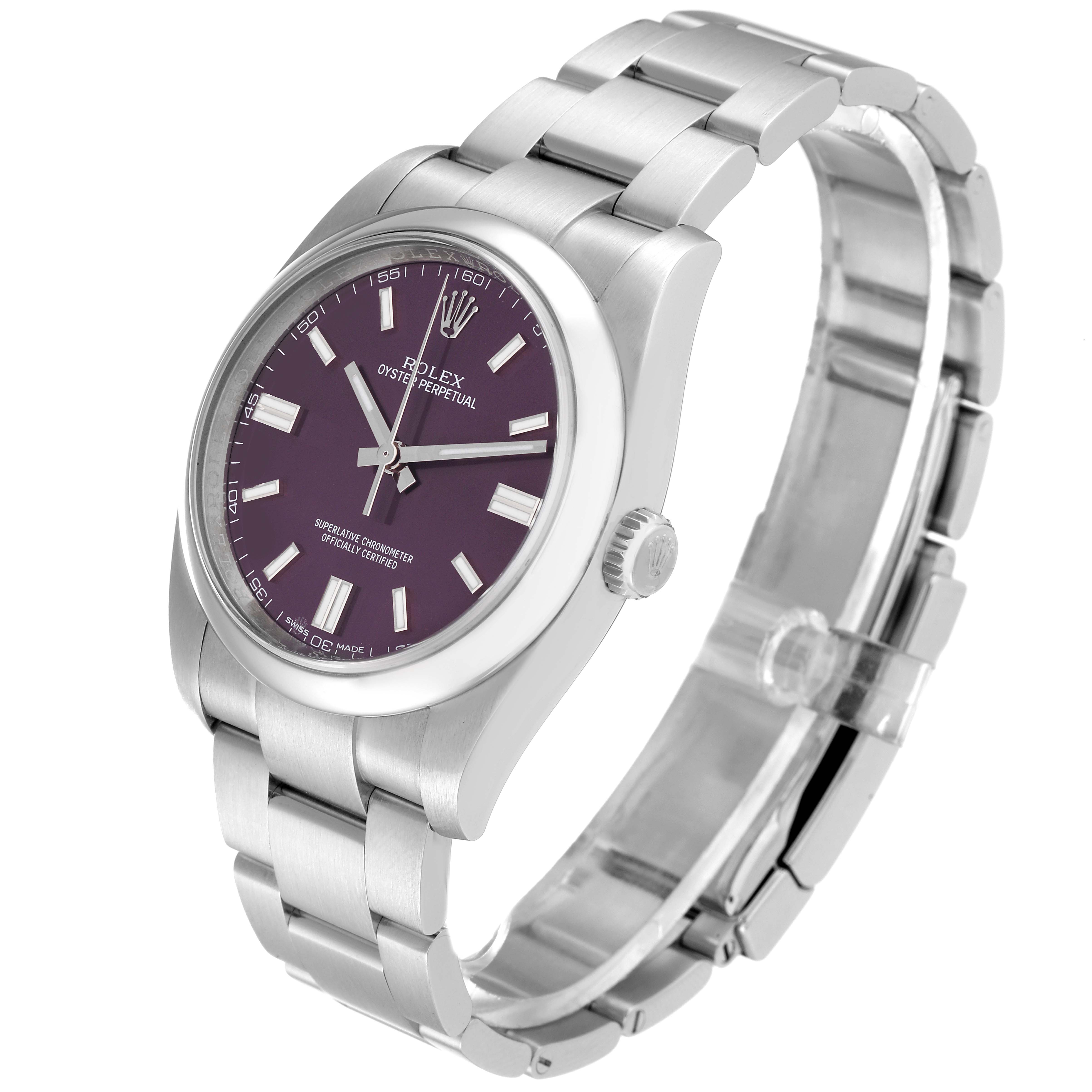 The image shows a Rolex Oyster Perpetual 116000 Men's Stainless Steel Purple Dial 116000 Men's Stainless Steel Purple Dial watch angled from the front-left, highlighting the dial, bracelet, and crown.