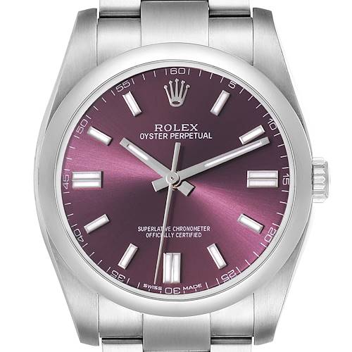 This image shows a front view of the Rolex Oyster Perpetual 116000 Men's Stainless Steel Purple Dial 116000 Men's Stainless Steel Purple Dial watch, highlighting its dial, hands, and bracelet.