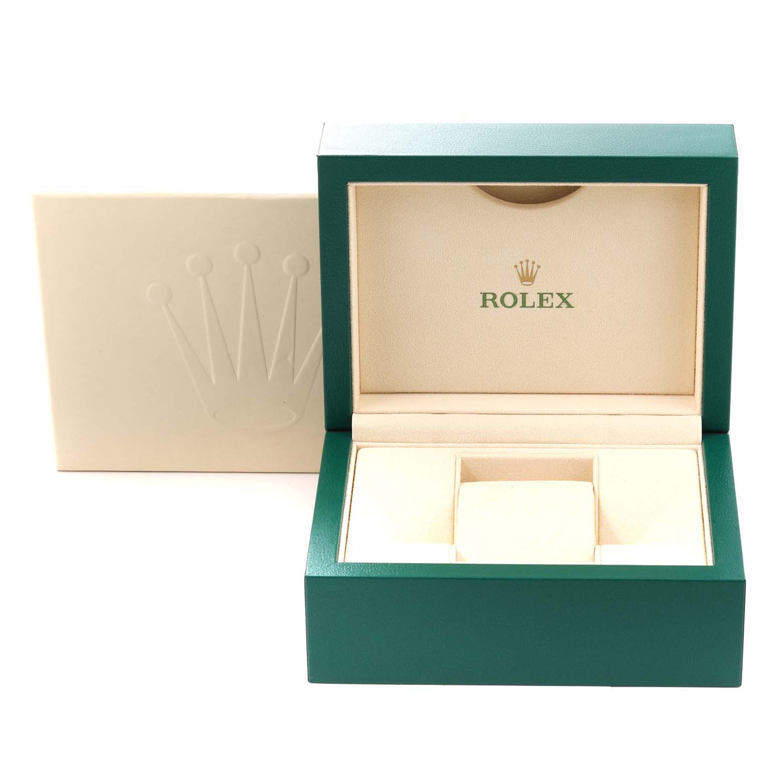 This image shows the open presentation box and outer packaging for a Rolex Oyster Perpetual 116000 Men's Stainless Steel Purple Dial 116000 Men's Stainless Steel Purple Dial watch from a slightly front angle.