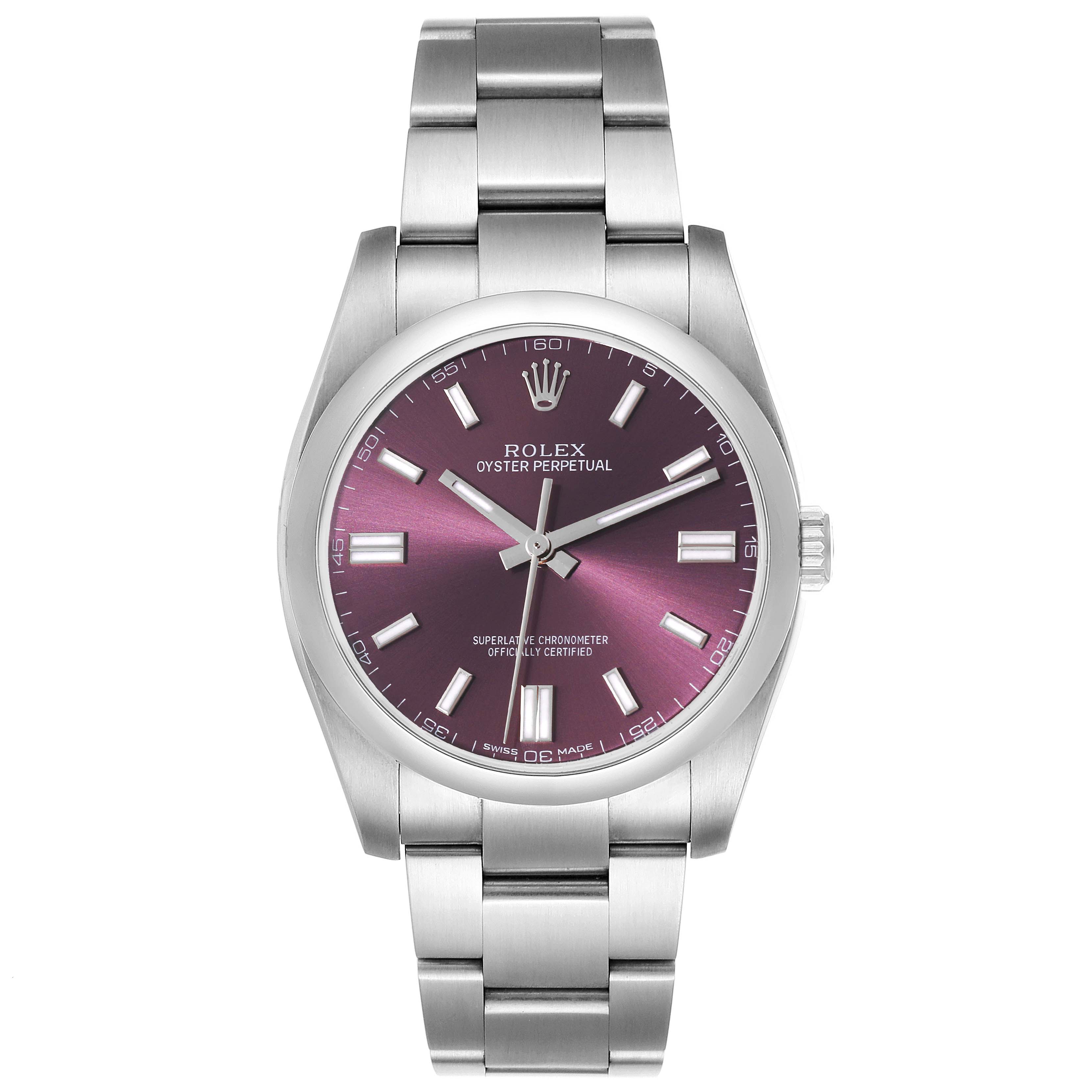 The image shows a front view of a Rolex Oyster Perpetual 116000 Men's Stainless Steel Purple Dial 116000 Men's Stainless Steel Purple Dial watch with a stainless steel band and a purple dial.