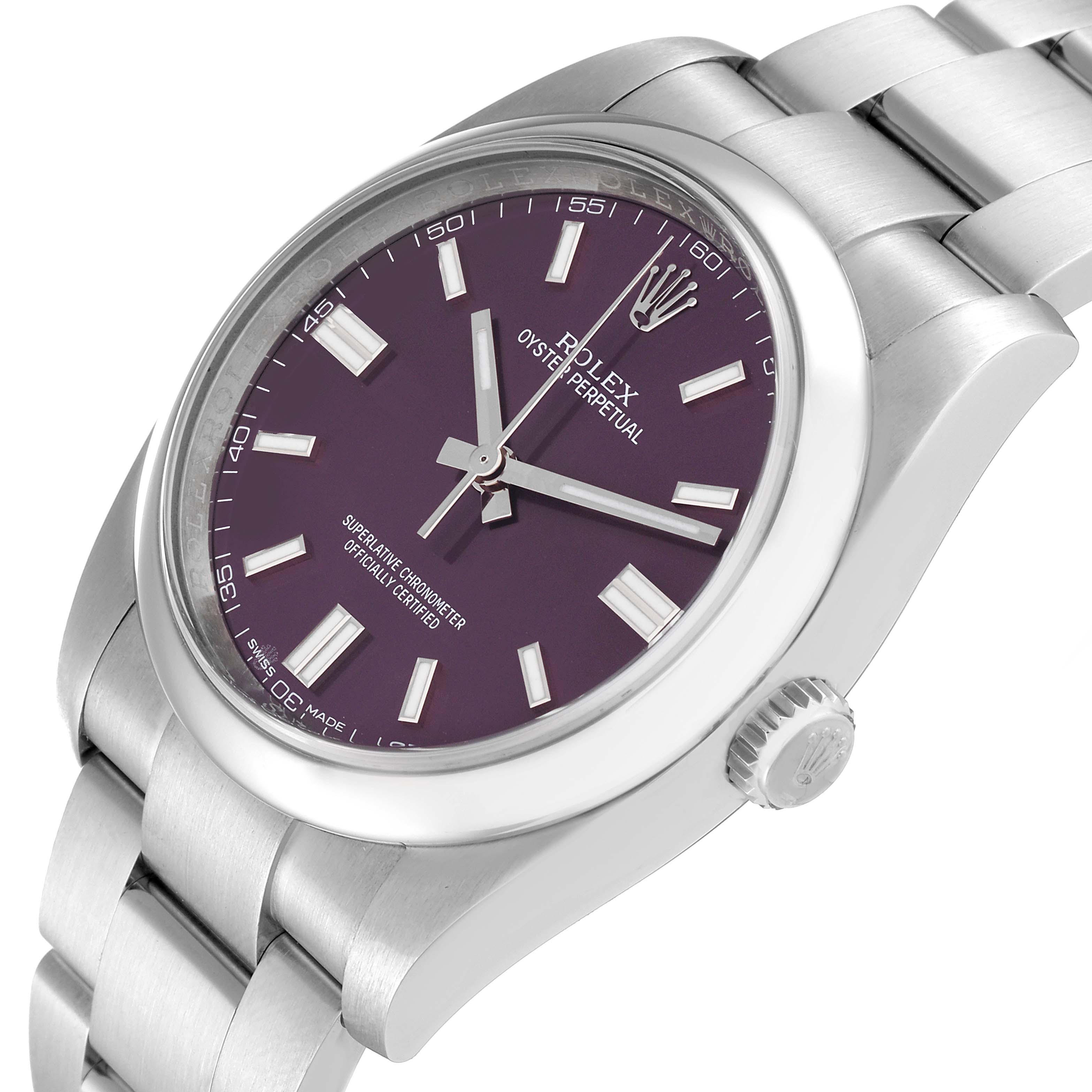 This image shows a Rolex Oyster Perpetual 116000 Men's Stainless Steel Purple Dial 116000 Men's Stainless Steel Purple Dial watch at a slight angle, highlighting the dial, case, bracelet, and crown.