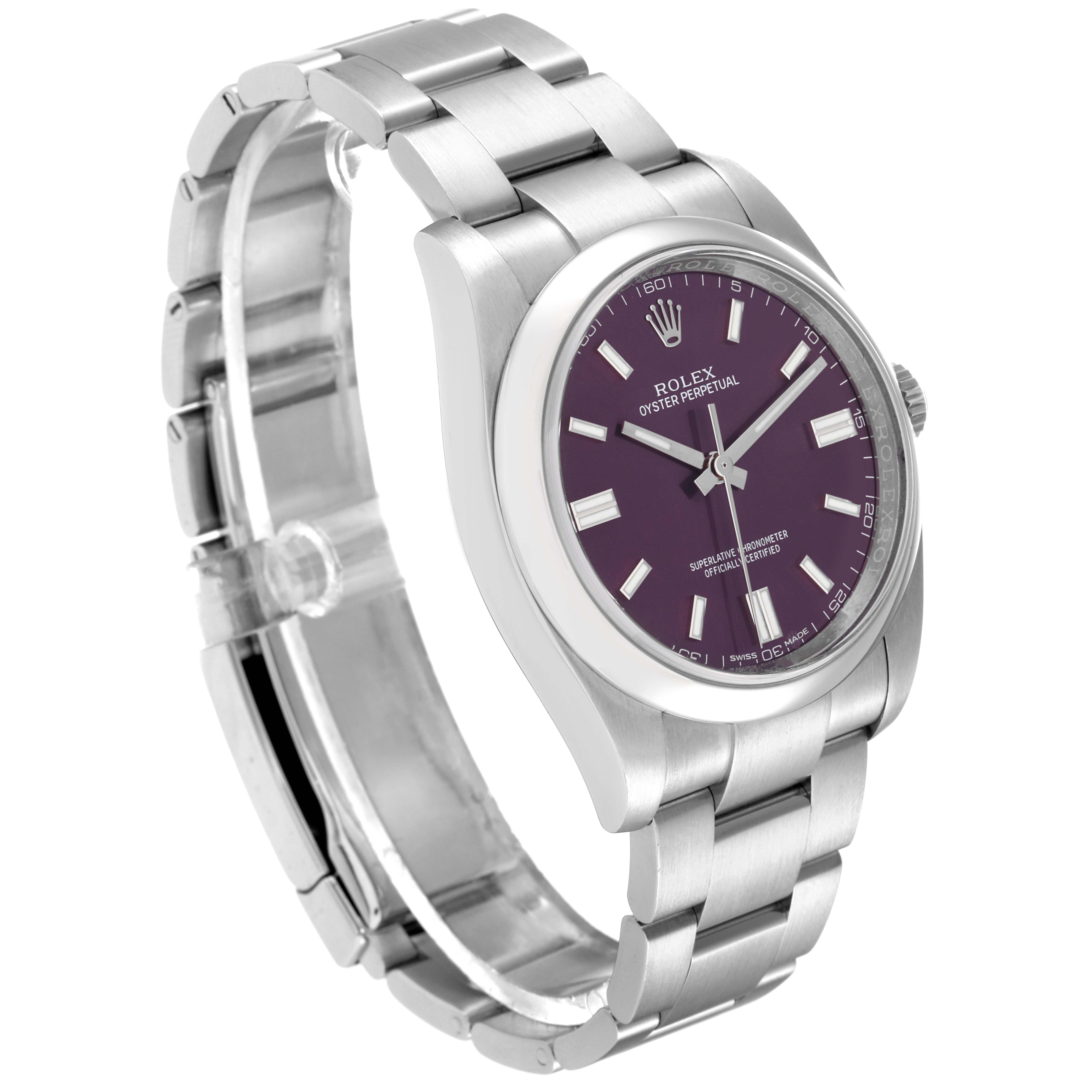 The Rolex Oyster Perpetual 116000 Men's Stainless Steel Purple Dial 116000 Men's Stainless Steel Purple Dial watch is shown at a slight angle, highlighting the dial, bracelet, and clasp.