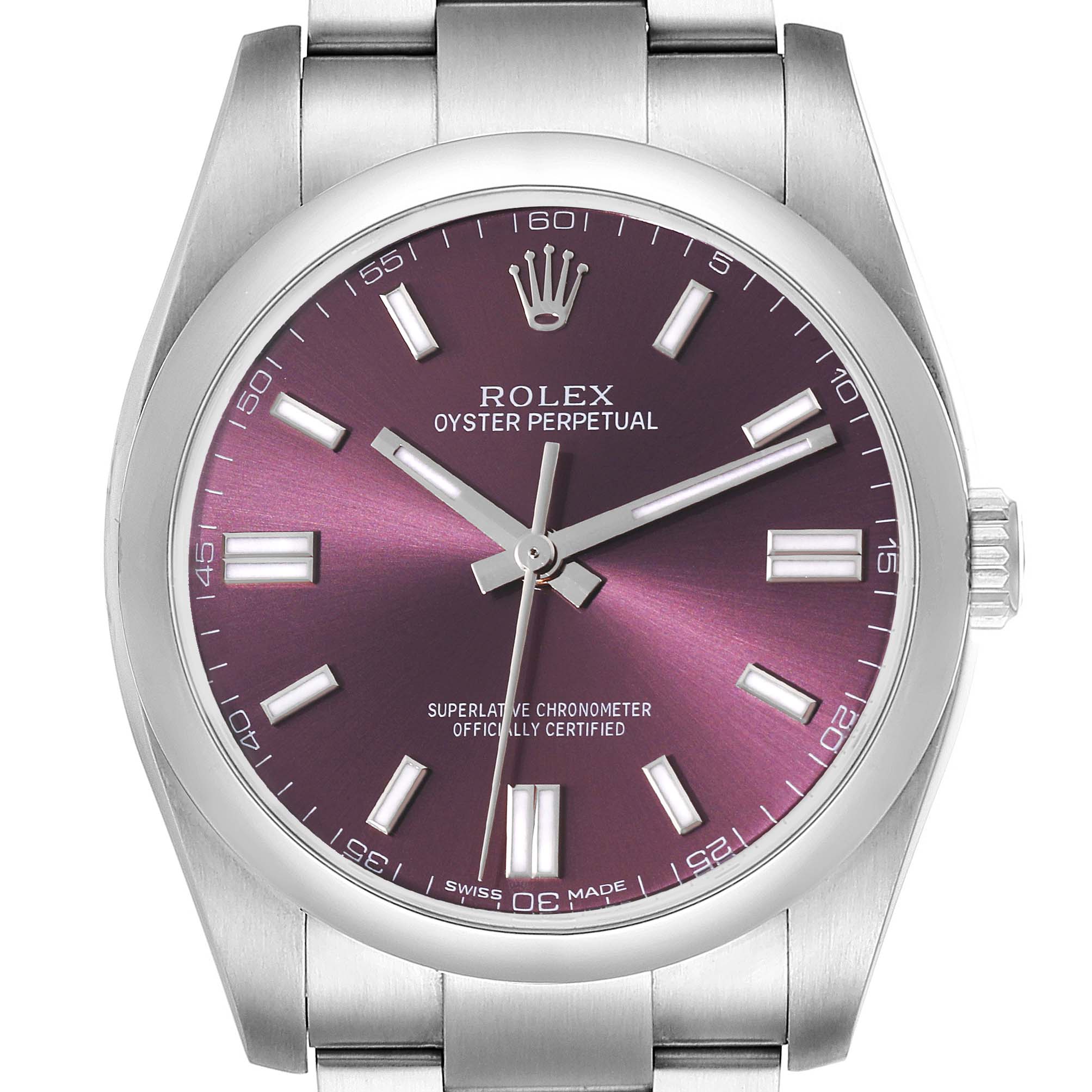 This image shows the watch face and bracelet of a Rolex Oyster Perpetual 116000 Men's Stainless Steel Purple Dial 116000 Men's Stainless Steel Purple Dial model, viewed from the front.