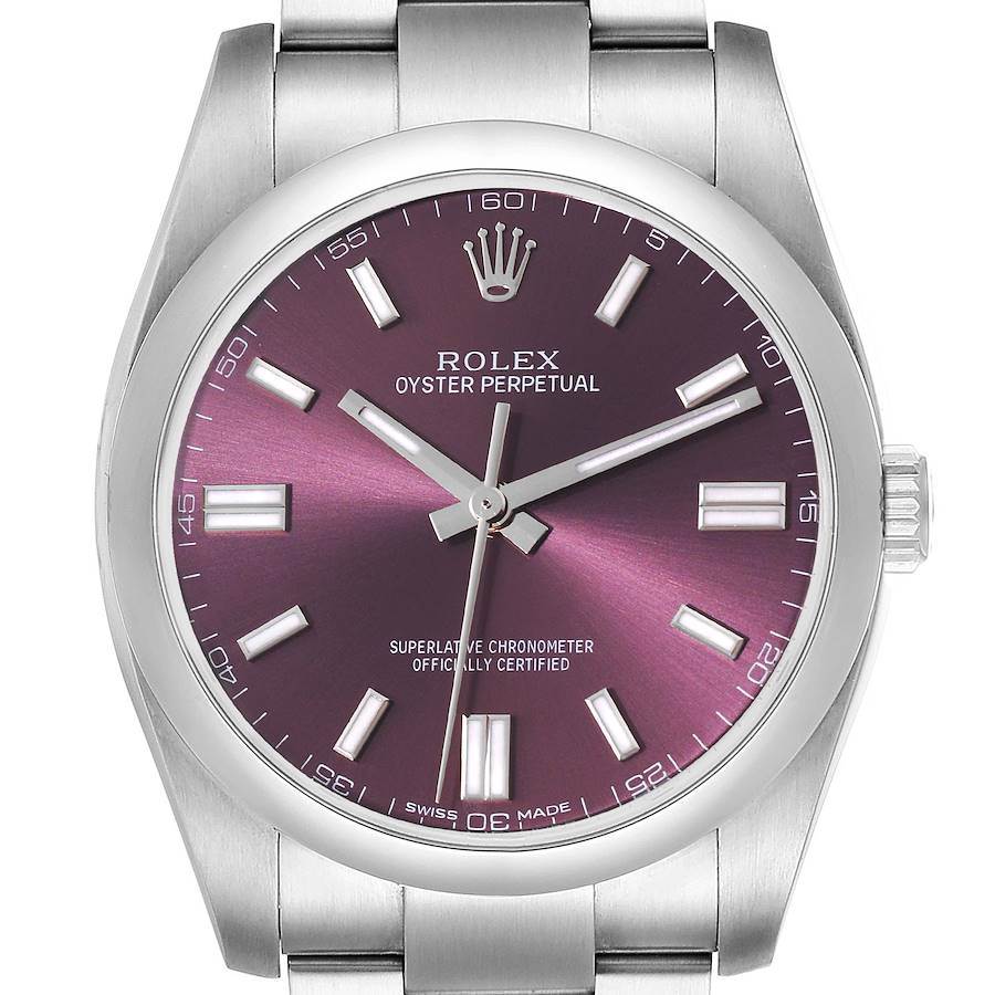 This image shows the watch face and bracelet of a Rolex Oyster Perpetual 116000 Men's Stainless Steel Purple Dial 116000 Men's Stainless Steel Purple Dial model, viewed from the front.