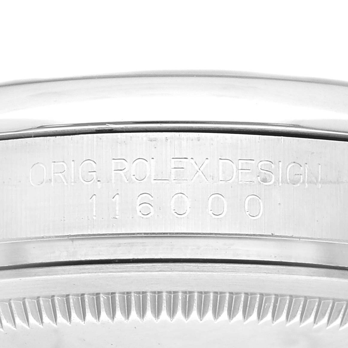 This image shows the side engraving of a Rolex Oyster Perpetual 116000 Men's Stainless Steel Purple Dial 116000 Men's Stainless Steel Purple Dial watch case, displaying the model number 116000.