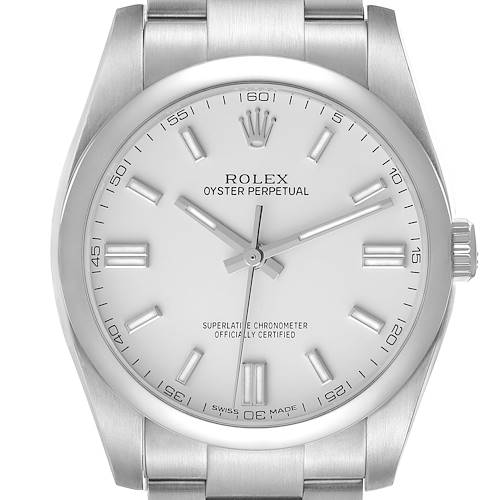 The image shows a full frontal view of the Rolex Oyster Perpetual 116000 Men's Stainless Steel White Dial 116000 Men's Stainless Steel White Dial watch, highlighting its dial, hour markers, and bezel.