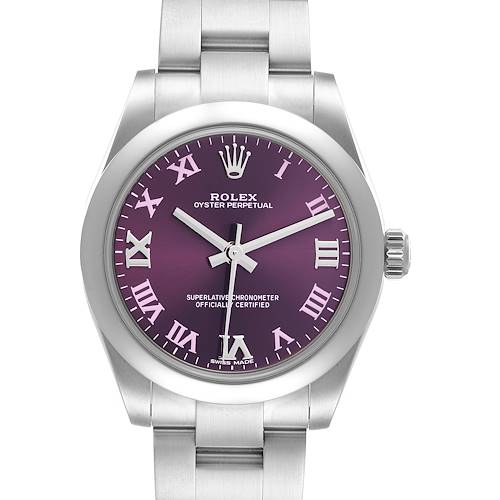 This image shows a front view of a Mid-Size Rolex Oyster Perpetual watch with a purple dial and Roman numeral markers.