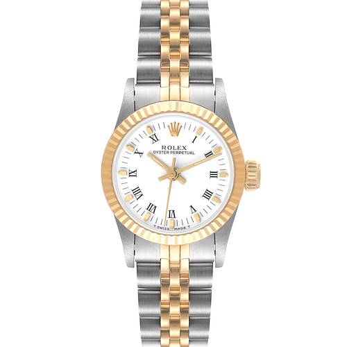The image shows a front view of a Rolex Oyster Perpetual 67193 Women's Steel and Gold (two tone) White Dial 67193 Women's Steel and Gold (two tone) White Dial watch, highlighting its dial, bezel, crown, and two-tone bracelet.