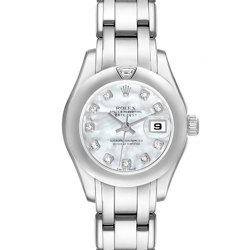 This image shows a front view of the Rolex Pearlmaster 69329 Women's White Gold Mother of Pearl Dial 69329 Women's White Gold Mother of Pearl Dial watch, featuring the face, bracelet, and crown.