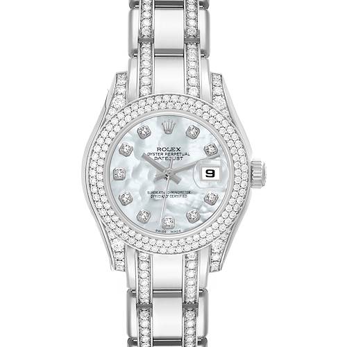 The image shows a frontal view of the Rolex Pearlmaster 80359 Women's White Gold Mother of Pearl Dial 80359 Women's White Gold Mother of Pearl Dial watch, highlighting the dial, bezel, and bracelet.