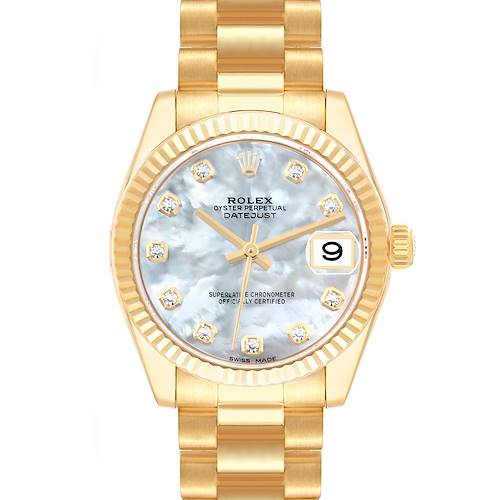 The image shows a front view of the Rolex President 178278 Women's Yellow Gold Mother of Pearl Dial 178278 Women's Yellow Gold Mother of Pearl Dial model watch, featuring its dial, hands, date display, and bracelet.