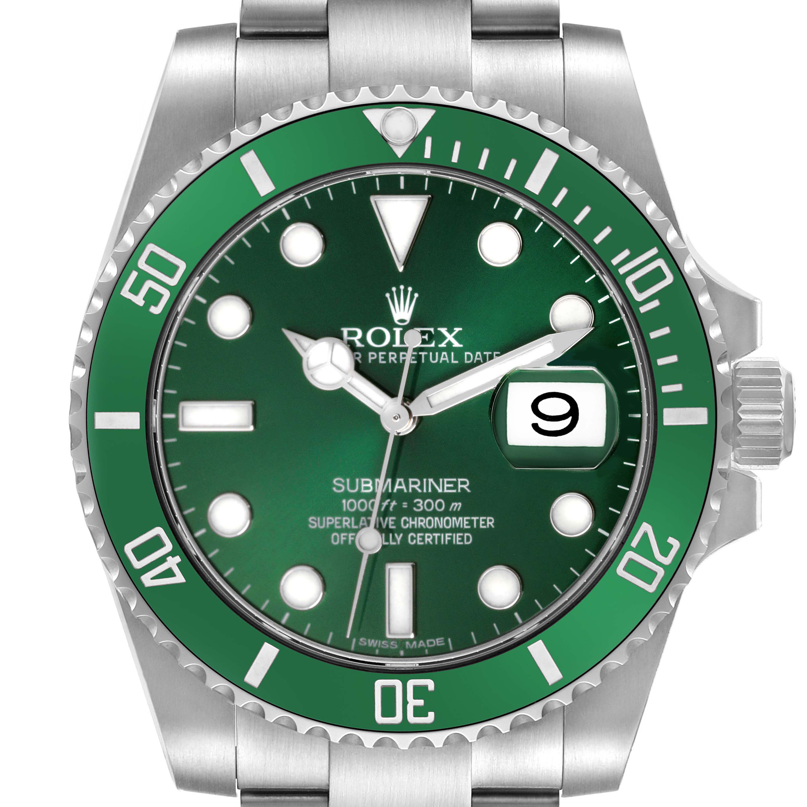 The Rolex Submariner 116610LV Men's Stainless Steel Green Dial 116610LV Men's Stainless Steel Green Dial is shown from a front angle, highlighting the green bezel and dial with the crown and bracelet parts visible.