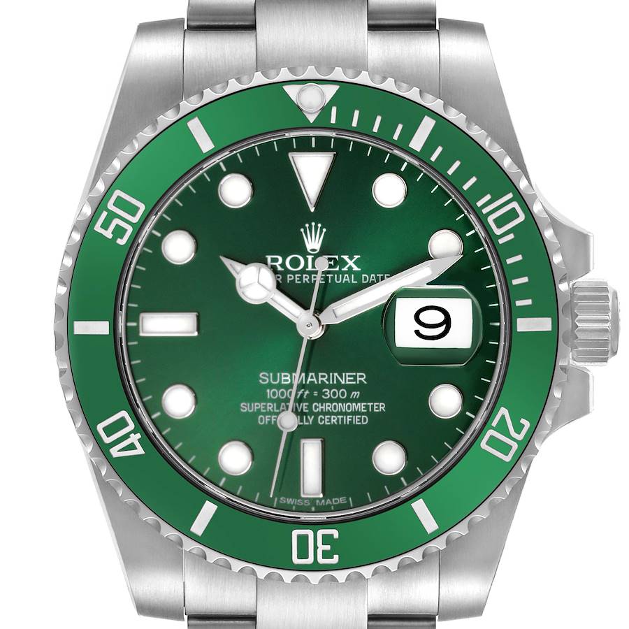 The Rolex Submariner 116610LV Men's Stainless Steel Green Dial 116610LV Men's Stainless Steel Green Dial is shown from a front angle, highlighting the green bezel and dial with the crown and bracelet parts visible.