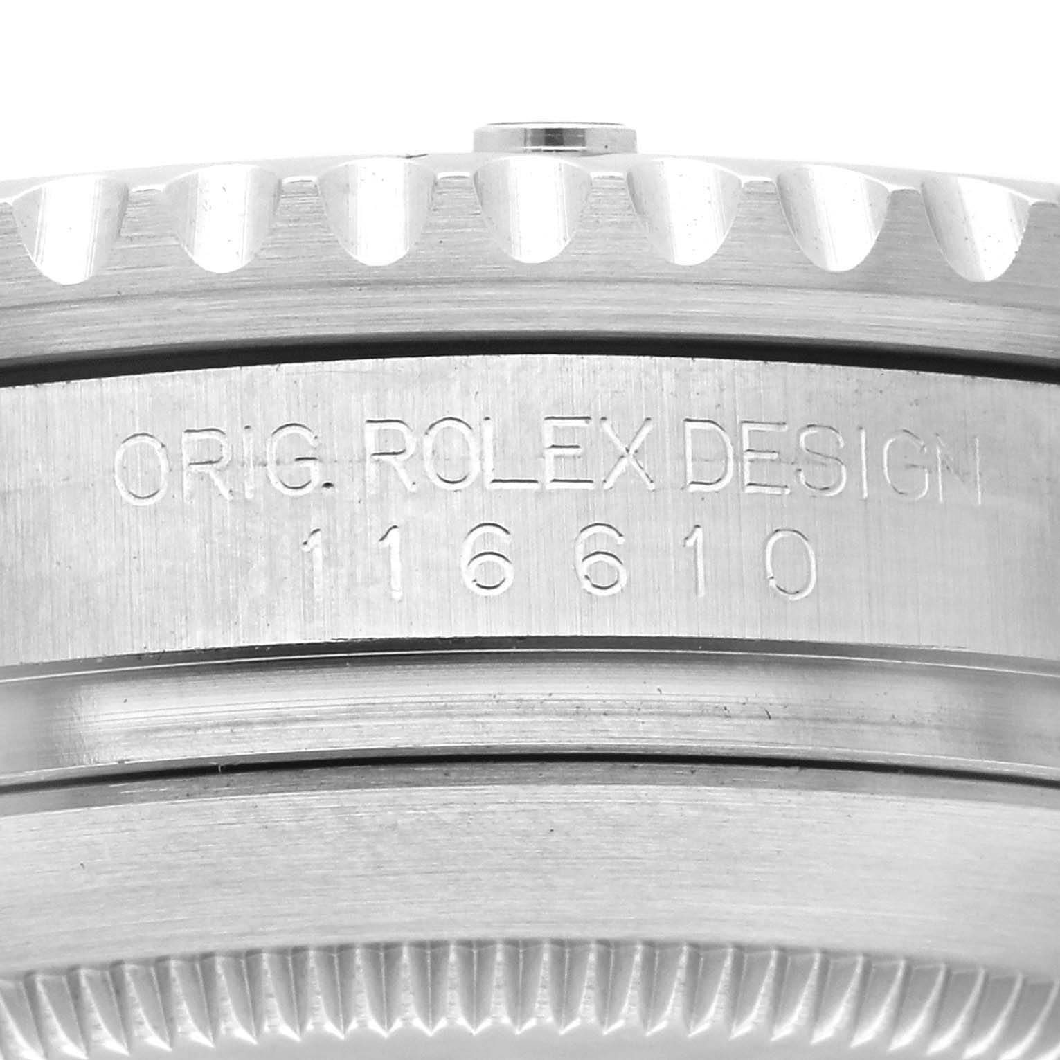 The image shows a close-up of the Rolex Submariner 116610LV Men's Stainless Steel Green Dial 116610LV Men's Stainless Steel Green Dial's case side, highlighting the model number 116610.