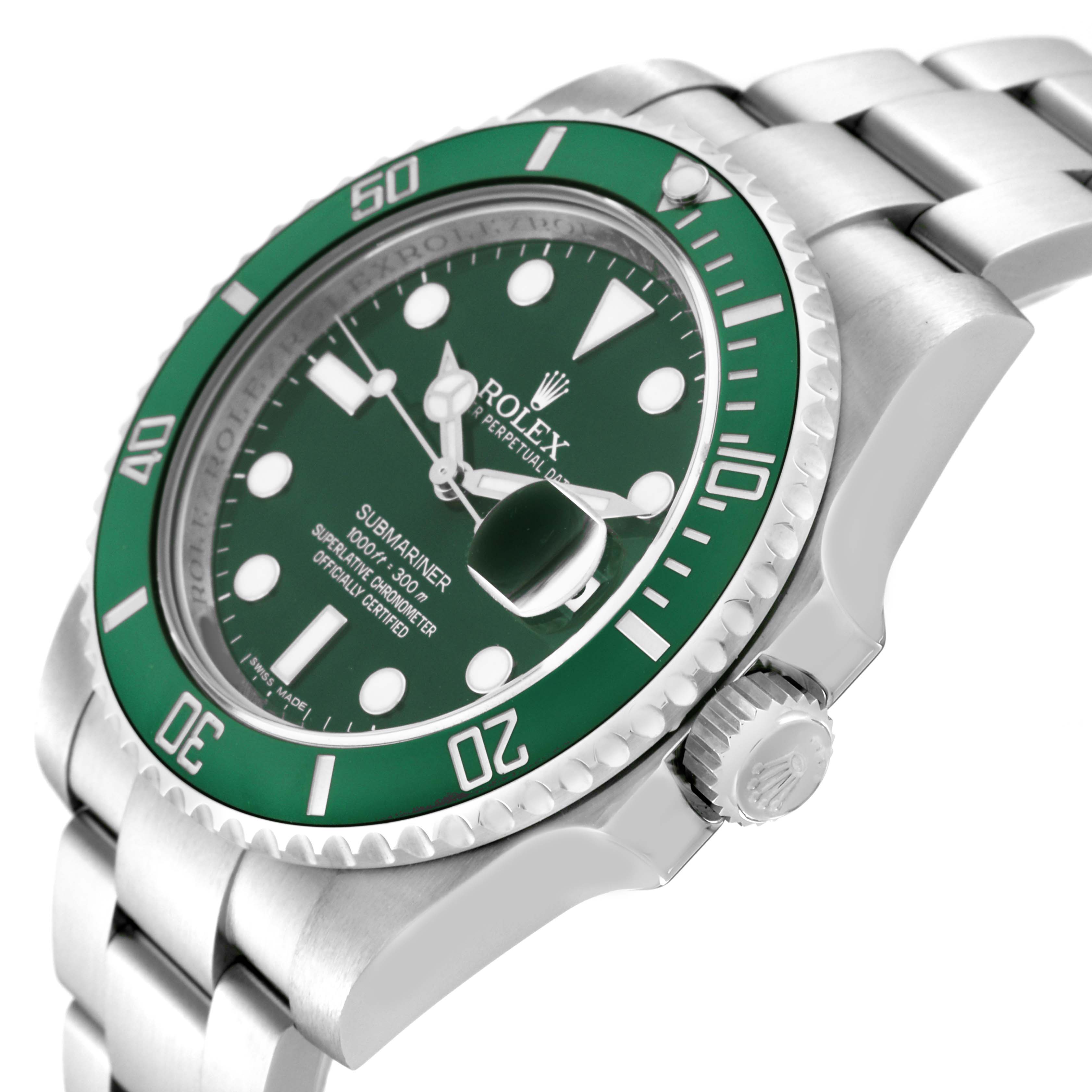 The Rolex Submariner 116610LV Men's Stainless Steel Green Dial 116610LV Men's Stainless Steel Green Dial watch is shown from a side angle highlighting the green bezel, dial, bracelet, and crown.