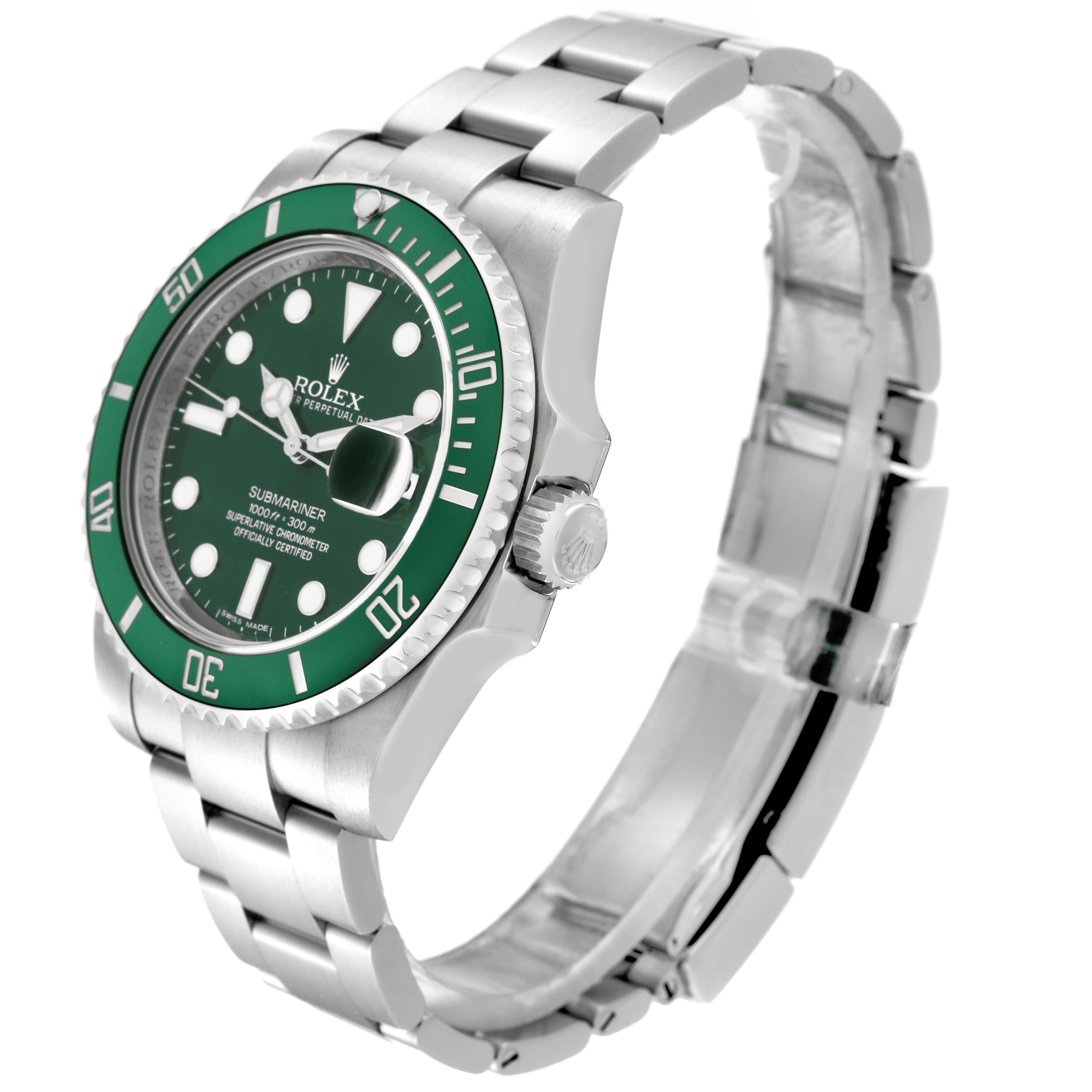 The Rolex Submariner 116610LV Men's Stainless Steel Green Dial 116610LV Men's Stainless Steel Green Dial watch is shown from a three-quarter angle, displaying the green bezel, dial, crown, and the metal bracelet.