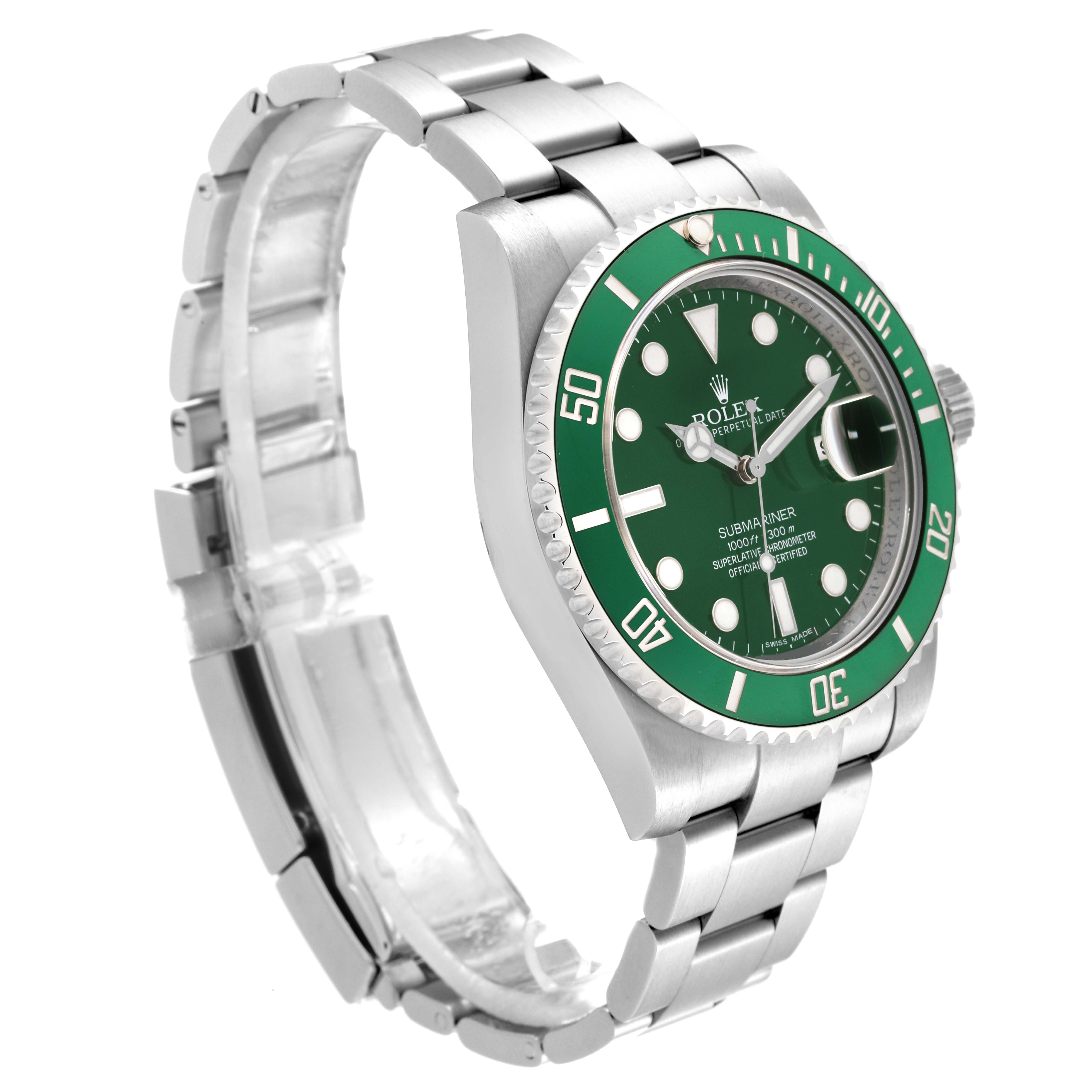The Rolex Submariner 116610LV Men's Stainless Steel Green Dial 116610LV Men's Stainless Steel Green Dial is shown at an angled view, displaying the face, bezel, crown, and bracelet.
