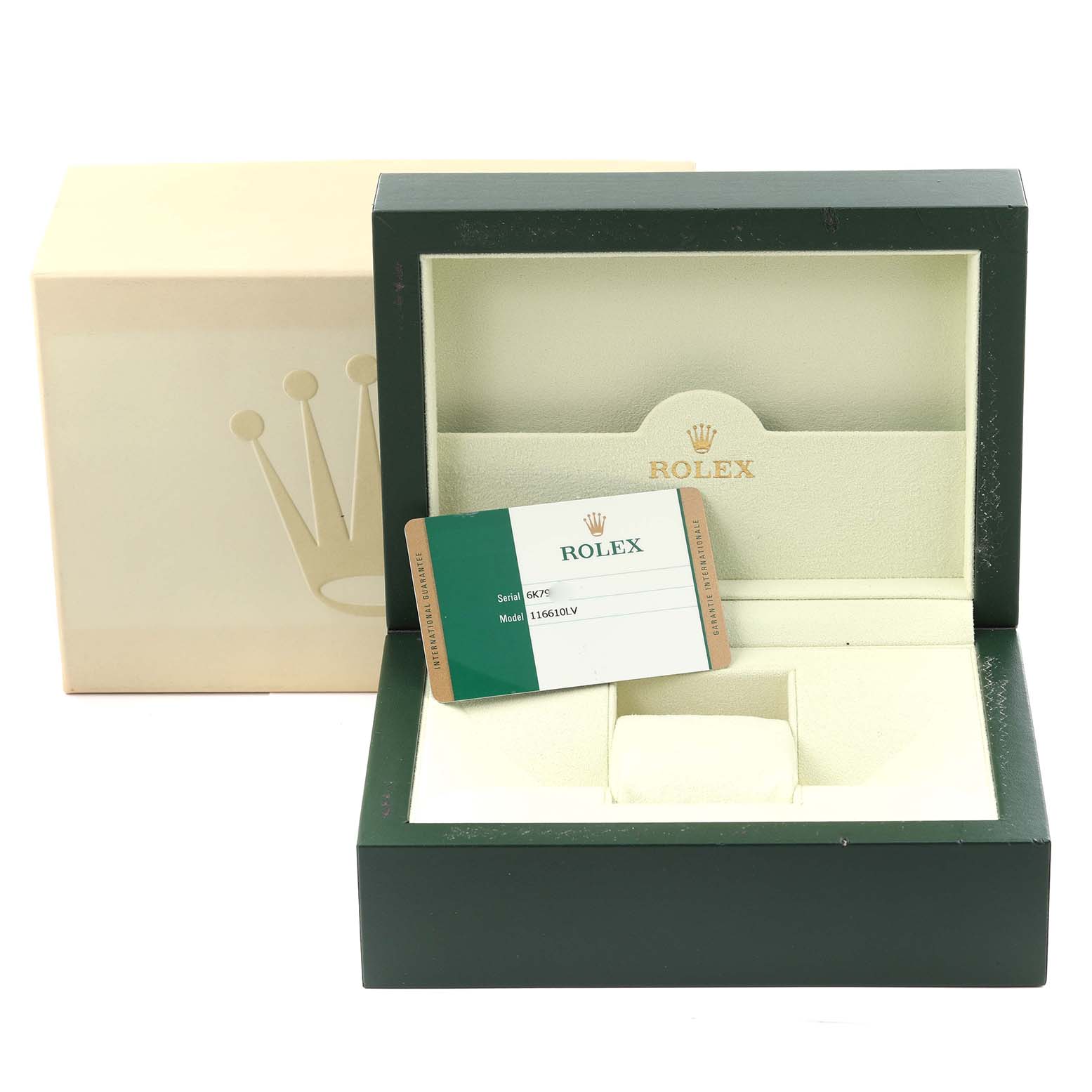 The image shows the open box for a Rolex Submariner 116610LV Men's Stainless Steel Green Dial 116610LV Men's Stainless Steel Green Dial, including the model card and packaging.