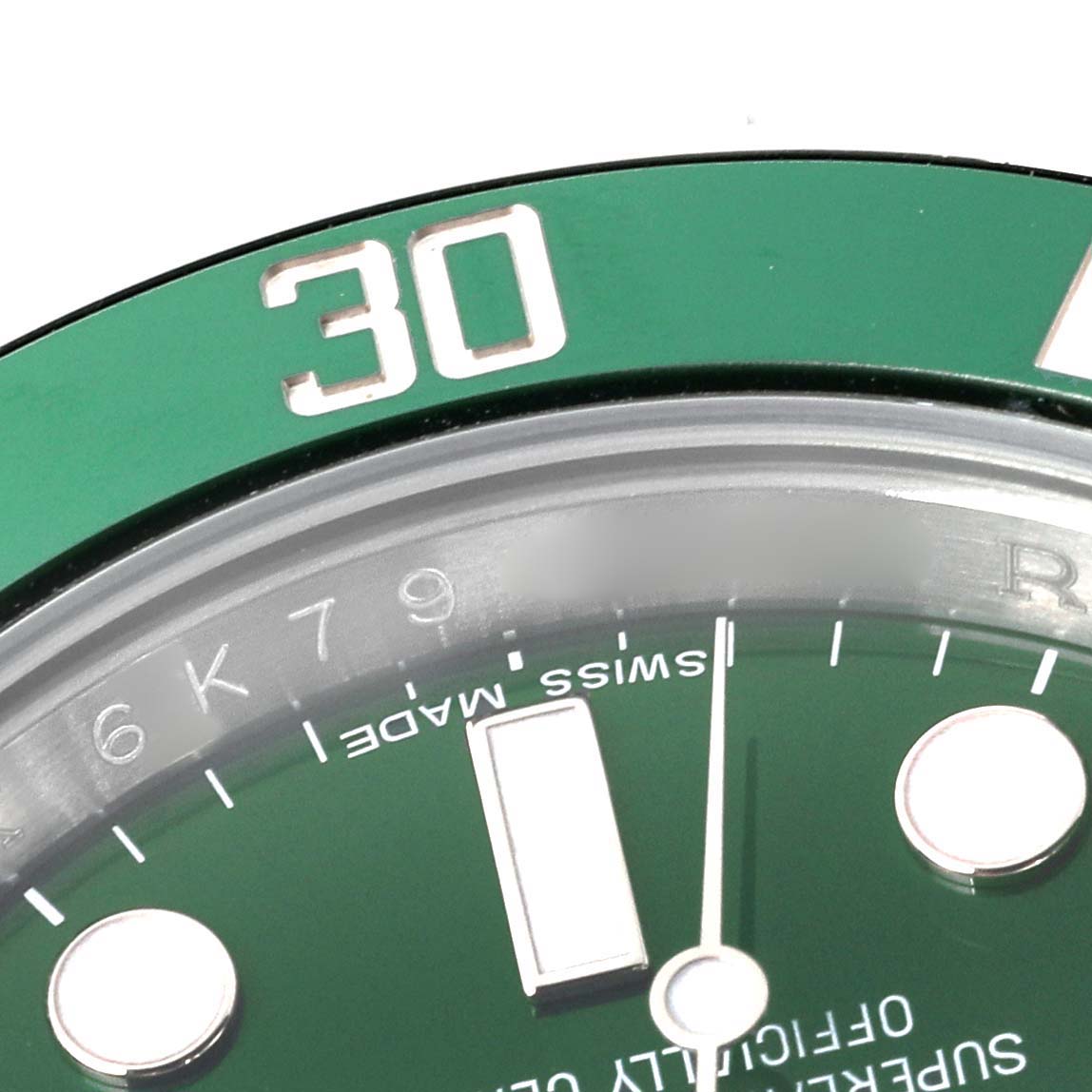 The image shows a close-up of the green bezel and dial of a Rolex Submariner 116610LV Men's Stainless Steel Green Dial 116610LV Men's Stainless Steel Green Dial watch, highlighting the "30" marking.