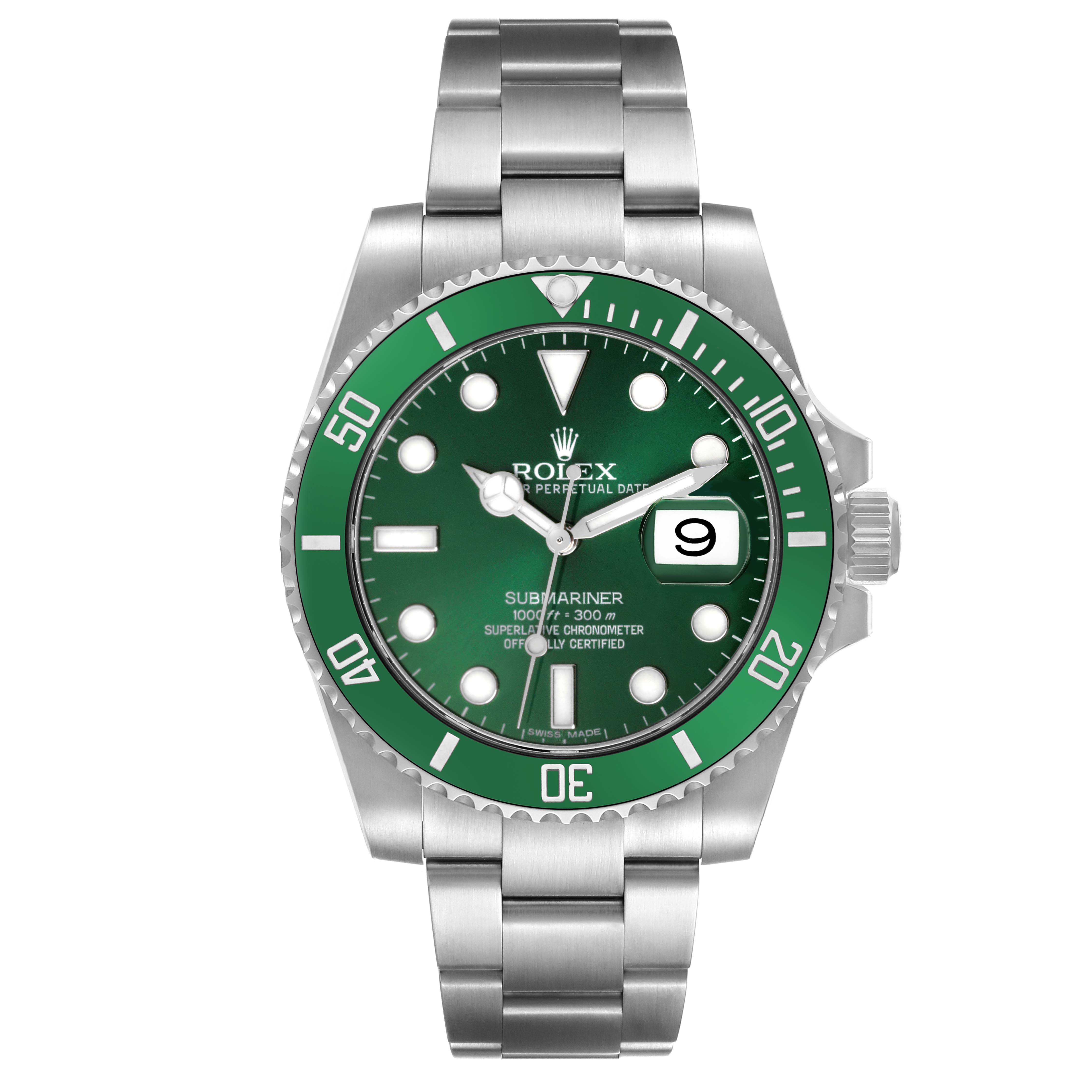 The Rolex Submariner 116610LV Men's Stainless Steel Green Dial 116610LV Men's Stainless Steel Green Dial watch is shown from a front angle, displaying the dial, bezel, bracelet, and crown.