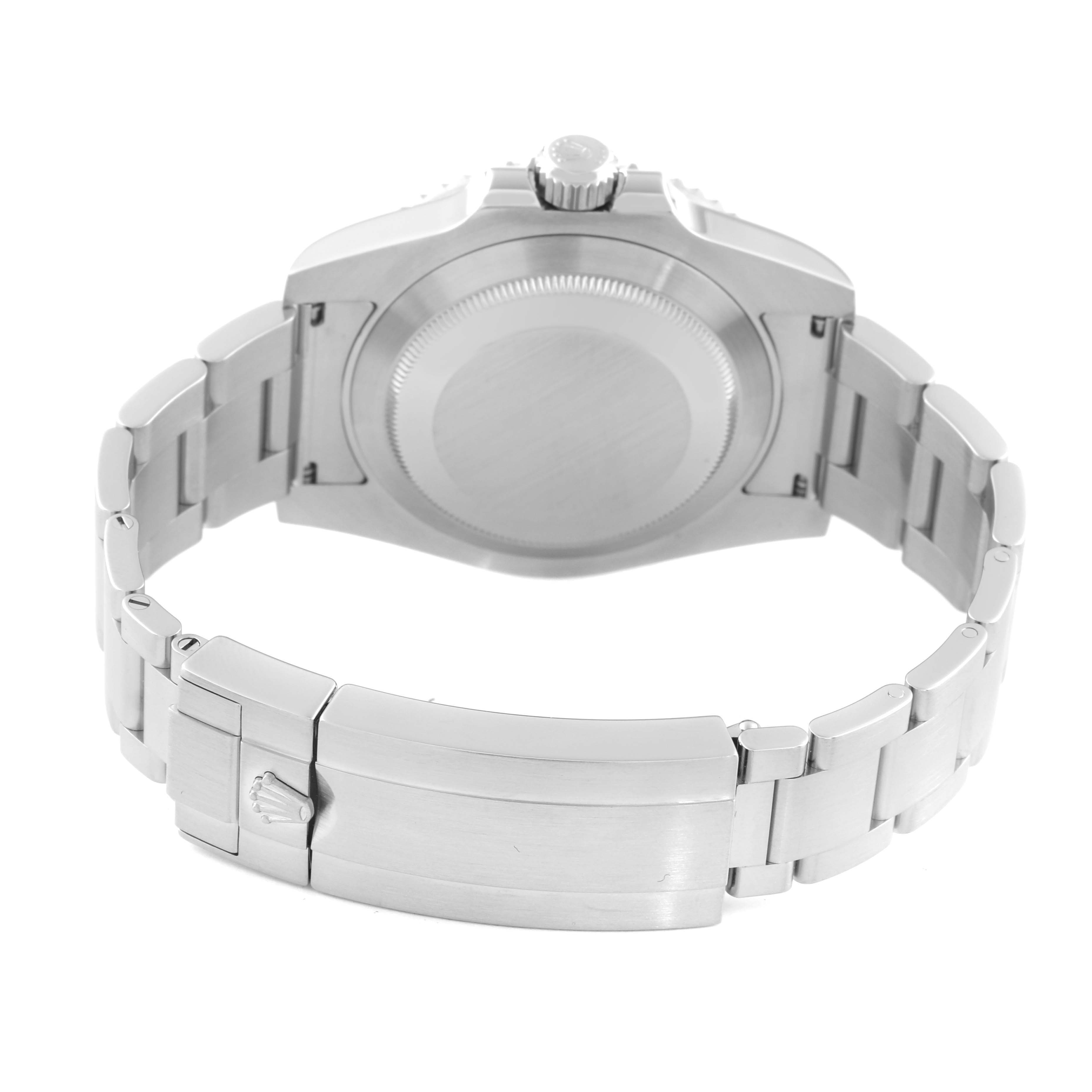 The image shows the back case and bracelet clasp of a Rolex Submariner 116610LV Men's Stainless Steel Green Dial 116610LV Men's Stainless Steel Green Dial, viewed from behind.