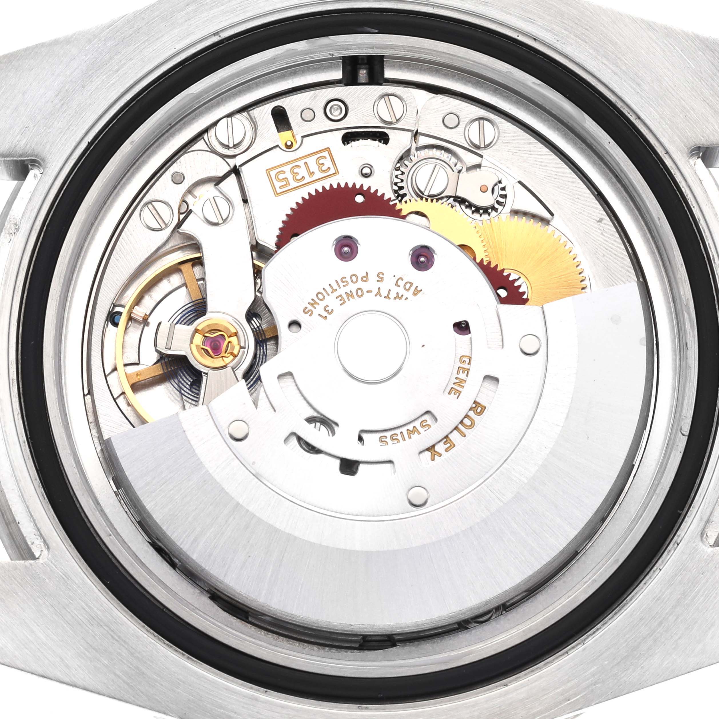 The image shows a detailed view of the movement mechanism from the back of a Rolex Submariner 116610LV Men's Stainless Steel Green Dial 116610LV Men's Stainless Steel Green Dial watch.