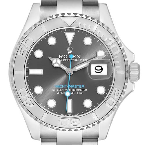 The Rolex Yacht-Master 126622 Men's Stainless Steel Grey Dial watch is shown from a front angle displaying the dial, bezel, crown, and part of the bracelet.