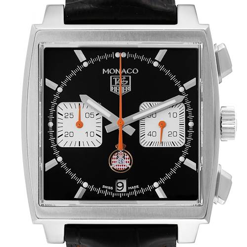 This is a front view of the Tag Heuer Monaco Limited Edition watch, featuring its dial, hands, subdials, and crown.