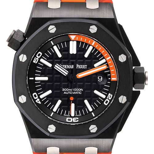 The image shows a front view of the Audemars Piguet Royal Oak Offshore 15707CE.OO.A002CA.01 Men's Ceramic Black Dial 15707CE.OO.A002CA.01 Men's Ceramic Black Dial watch, highlighting its face, bezel, and part of the strap.