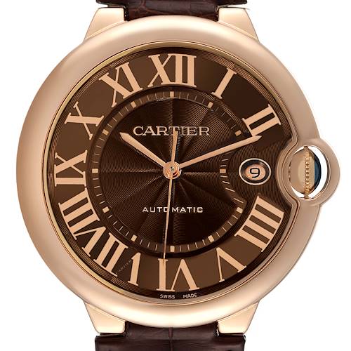 The image shows a close-up, front view of the Cartier Ballon Bleu W6920037 Men's Rose Gold Brown Dial W6920037 Men's Rose Gold Brown Dial watch, highlighting its brown dial and Roman numerals.