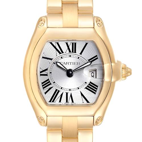 The image shows a front view of the Cartier Roadster W62018V1 Women's Yellow Gold Silver Dial W62018V1 Women's Yellow Gold Silver Dial model watch, highlighting the face, bracelet, and crown.
