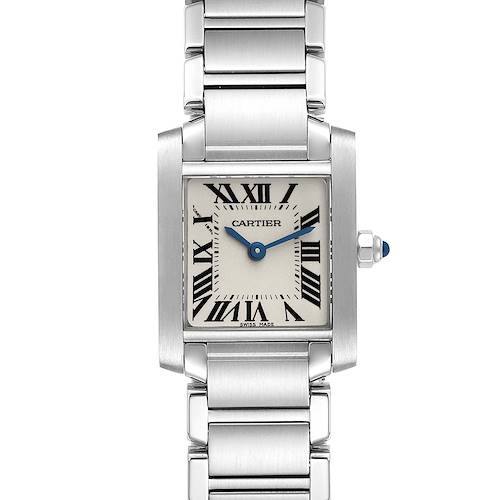 The image shows a front view of the Cartier Tank Française watch, highlighting the square face, Roman numerals, and stainless steel bracelet.