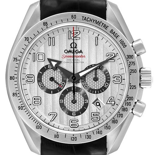 The image shows a front view of an Omega Speedmaster 321.13.44.50.02.001 Men's Stainless Steel Silver Dial 321.13.44.50.02.001 Men's Stainless Steel Silver Dial watch, highlighting the dial, subdials, bezel, and crown.