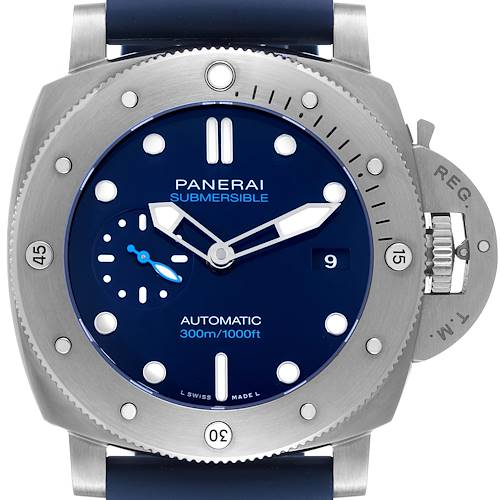 The image shows a front view of the Panerai Submersible PAM00692 Men's Titanium Blue Dial PAM00692 Men's Titanium Blue Dial watch, highlighting its face, dial, bezel, and crown guard.