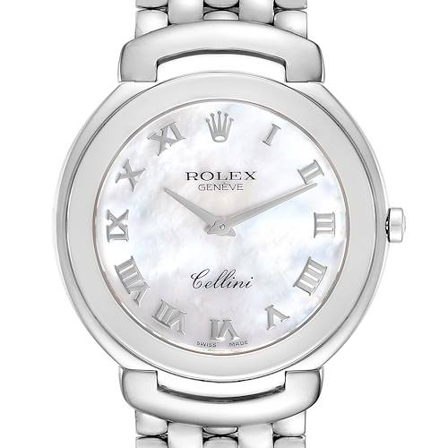 This is a close-up of a Rolex Cellini 6623 Men's White Gold Mother of Pearl Dial 6623 Men's White Gold Mother of Pearl Dial watch showing the dial, Roman numerals, brand name, and part of the bracelet.