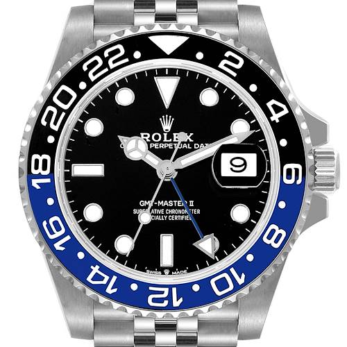 The Rolex GMT-Master 126710 Men's Stainless Steel Black Dial 126710 Men's Stainless Steel Black Dial watch is shown from a front angle, highlighting the dial, bezel, hands, and date window.