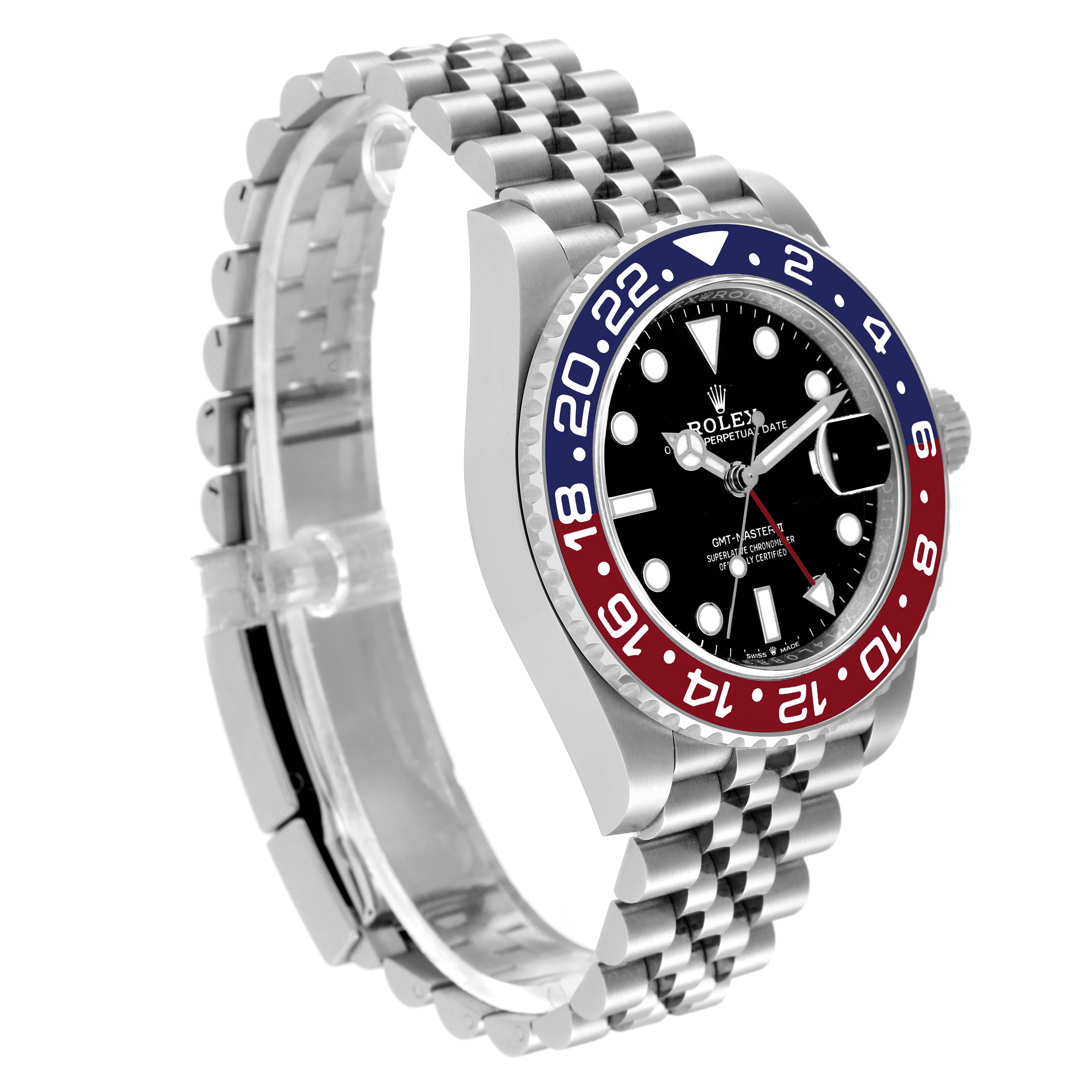 The Rolex GMT-Master 126710 Men's Stainless Steel Black Dial 126710 Men's Stainless Steel Black Dial is shown in a side angle, displaying the case, bezel, dial, and bracelet.