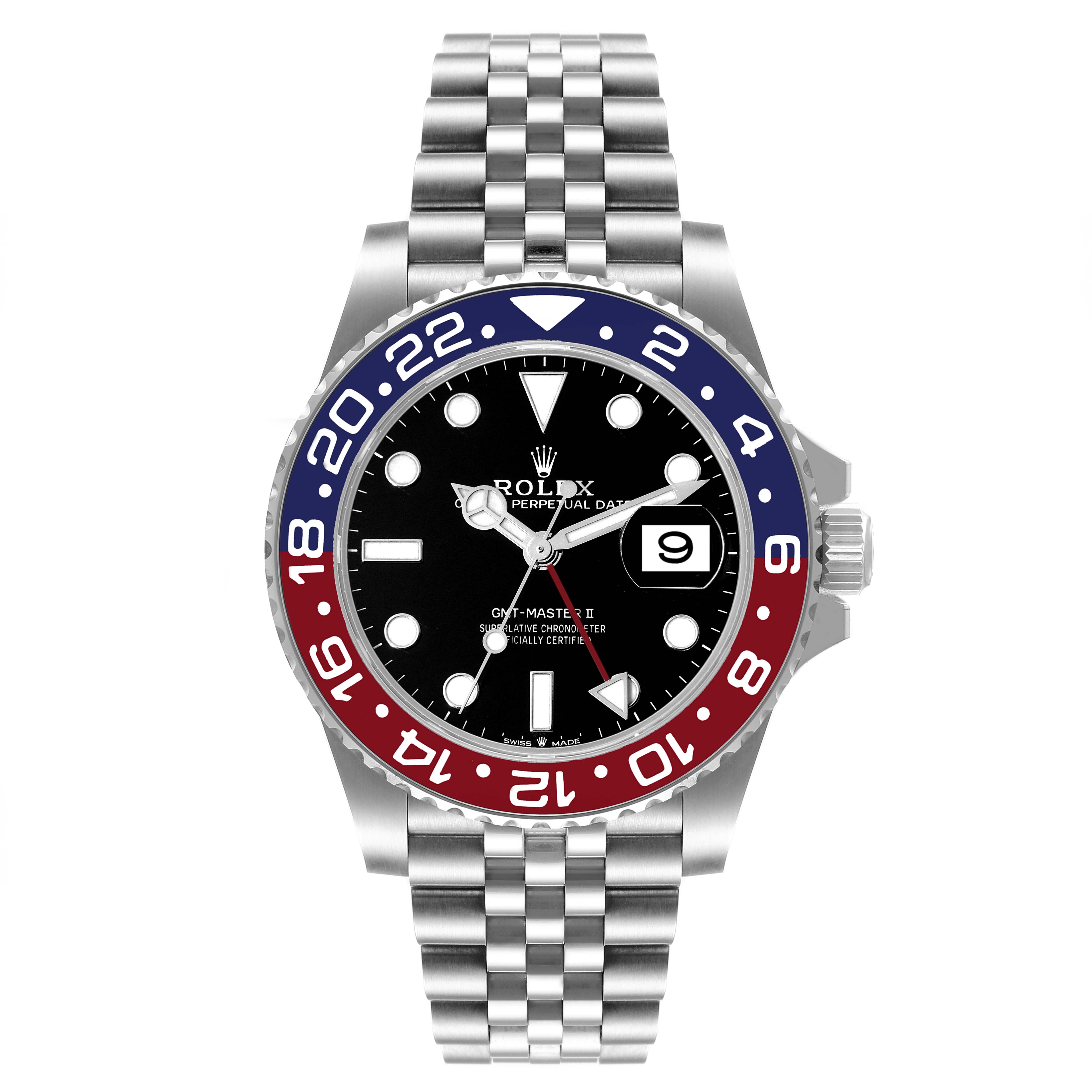 The Rolex GMT-Master 126710 Men's Stainless Steel Black Dial 126710 Men's Stainless Steel Black Dial watch is shown from the front, displaying its bezel, face, and part of the bracelet.