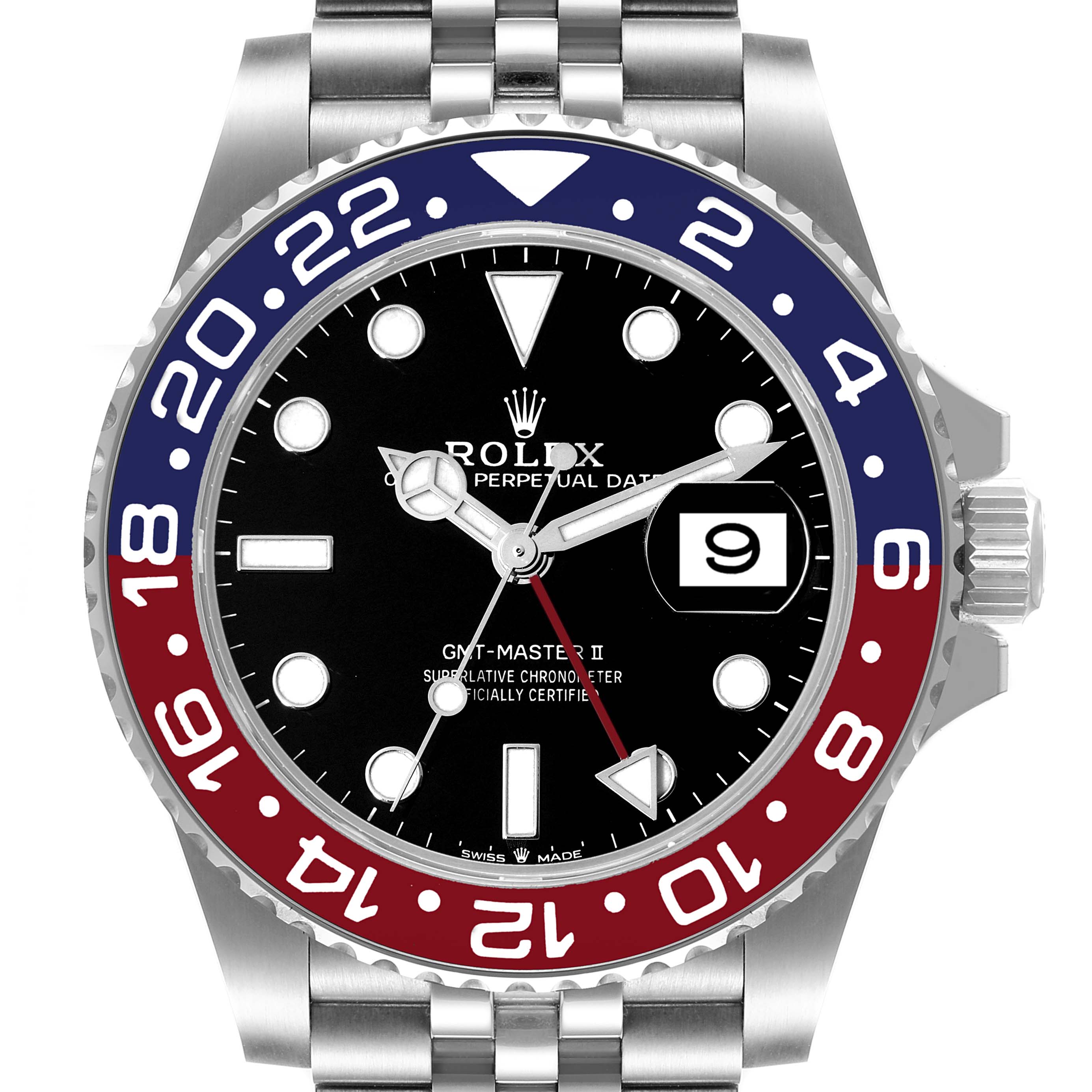 The Rolex GMT-Master 126710 Men's Stainless Steel Black Dial 126710 Men's Stainless Steel Black Dial watch is shown from a front angle, highlighting the bezel, face, and part of the bracelet.
