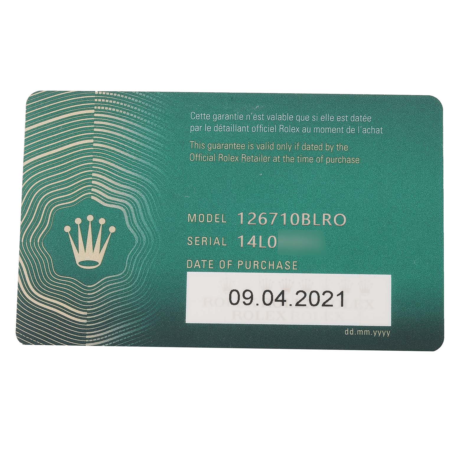 This image shows a guarantee card for the Rolex GMT-Master 126710 Men's Stainless Steel Black Dial 126710 Men's Stainless Steel Black Dial model 126710BLRO.