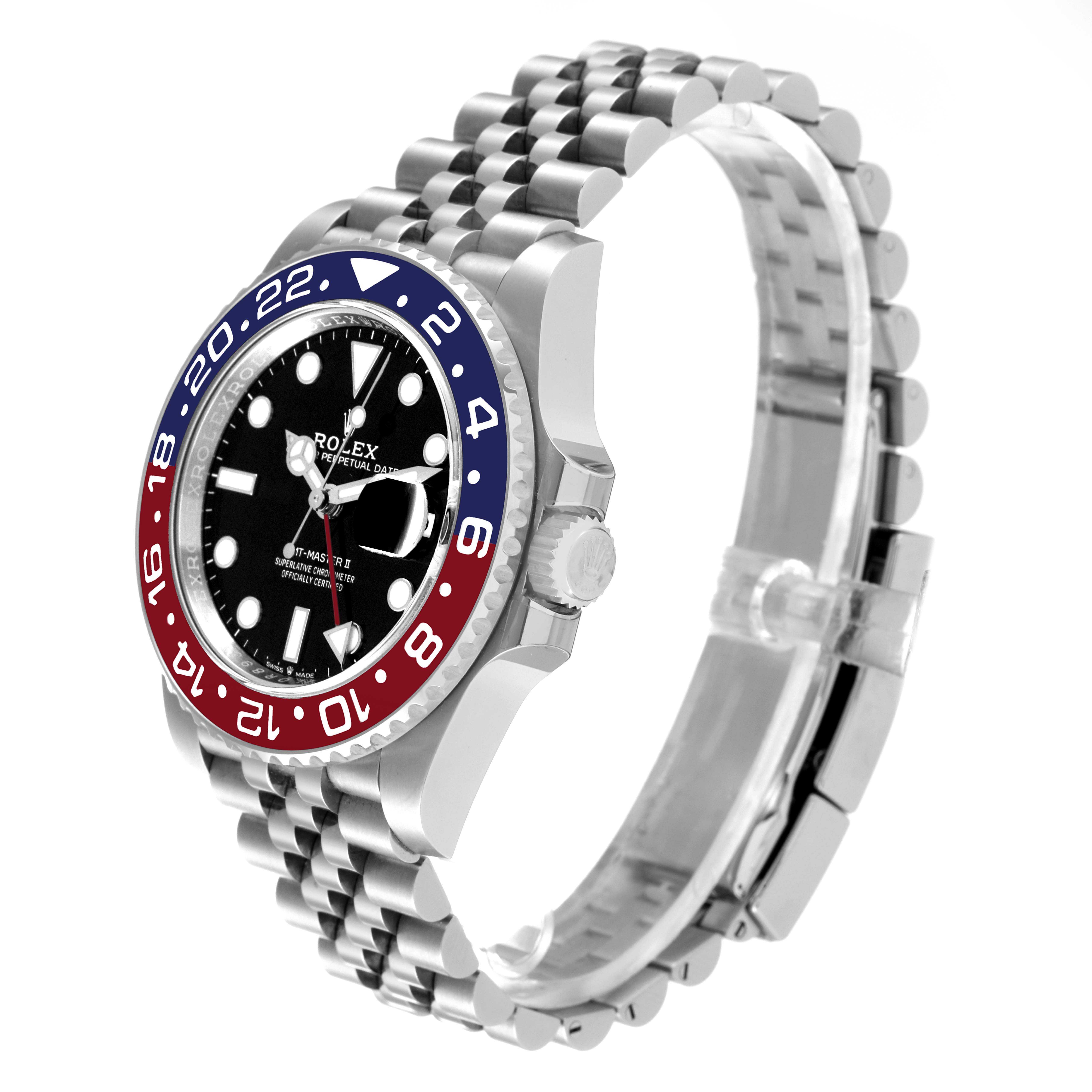 The Rolex GMT-Master 126710 Men's Stainless Steel Black Dial 126710 Men's Stainless Steel Black Dial watch is shown at a slight angle, displaying the bezel, dial, and Jubilee bracelet.
