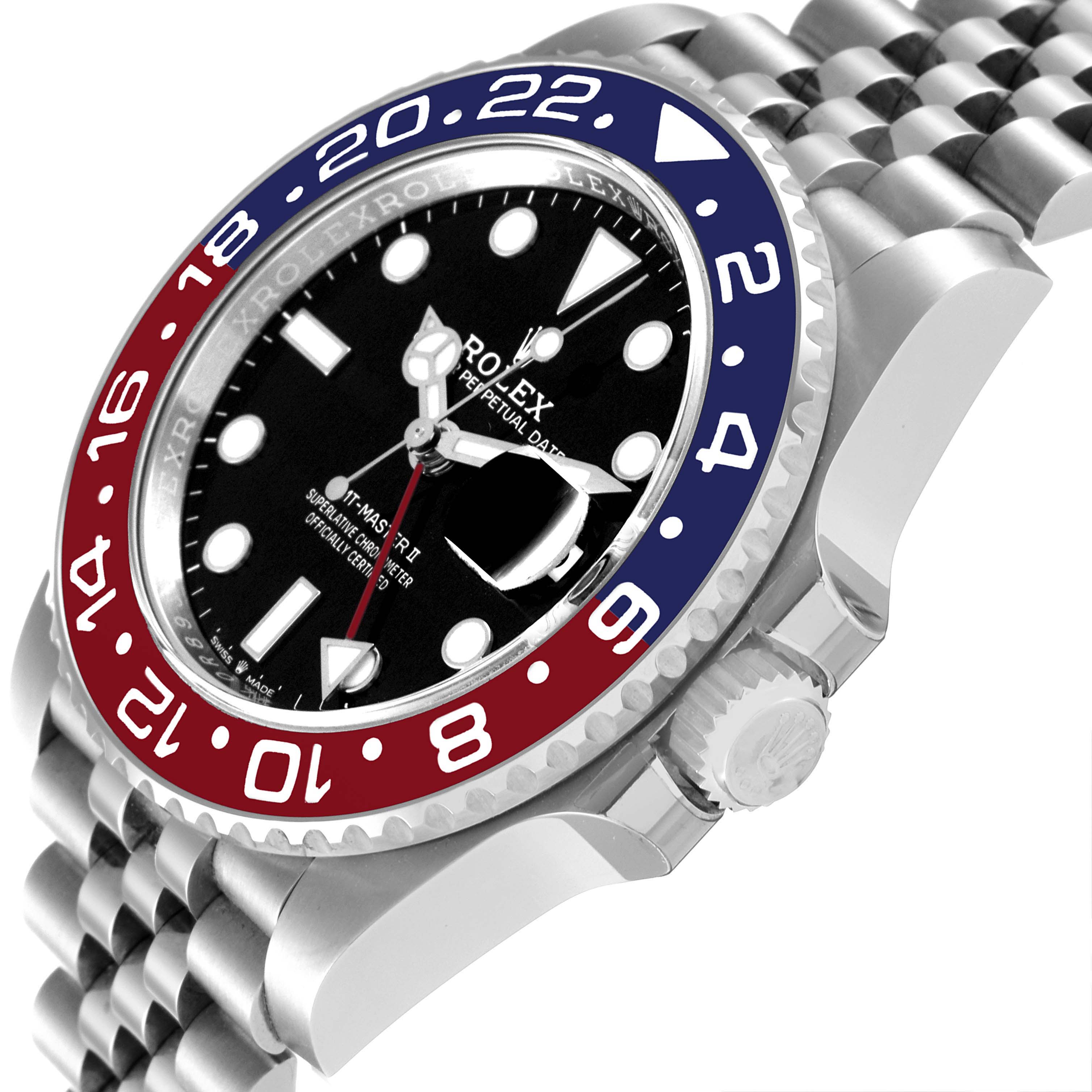 The Rolex GMT-Master 126710 Men's Stainless Steel Black Dial 126710 Men's Stainless Steel Black Dial model is shown at an angled side view highlighting the rotating bezel, dial, and bracelet.
