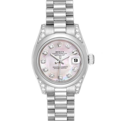 The image shows a Rolex President 179296 Women's Platinum Mother of Pearl Dial 179296 Women's Platinum Mother of Pearl Dial model watch straight on, highlighting the face, bracelet, and bezel with diamonds.