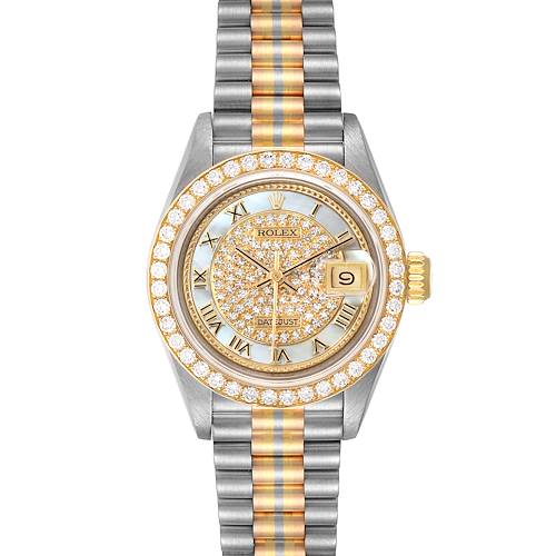 This image shows a front view of a Rolex President 69139 Women's Yellow Gold Mother of Pearl Dial 69139 Women's Yellow Gold Mother of Pearl Dial watch model with a bejeweled dial and two-tone bracelet.