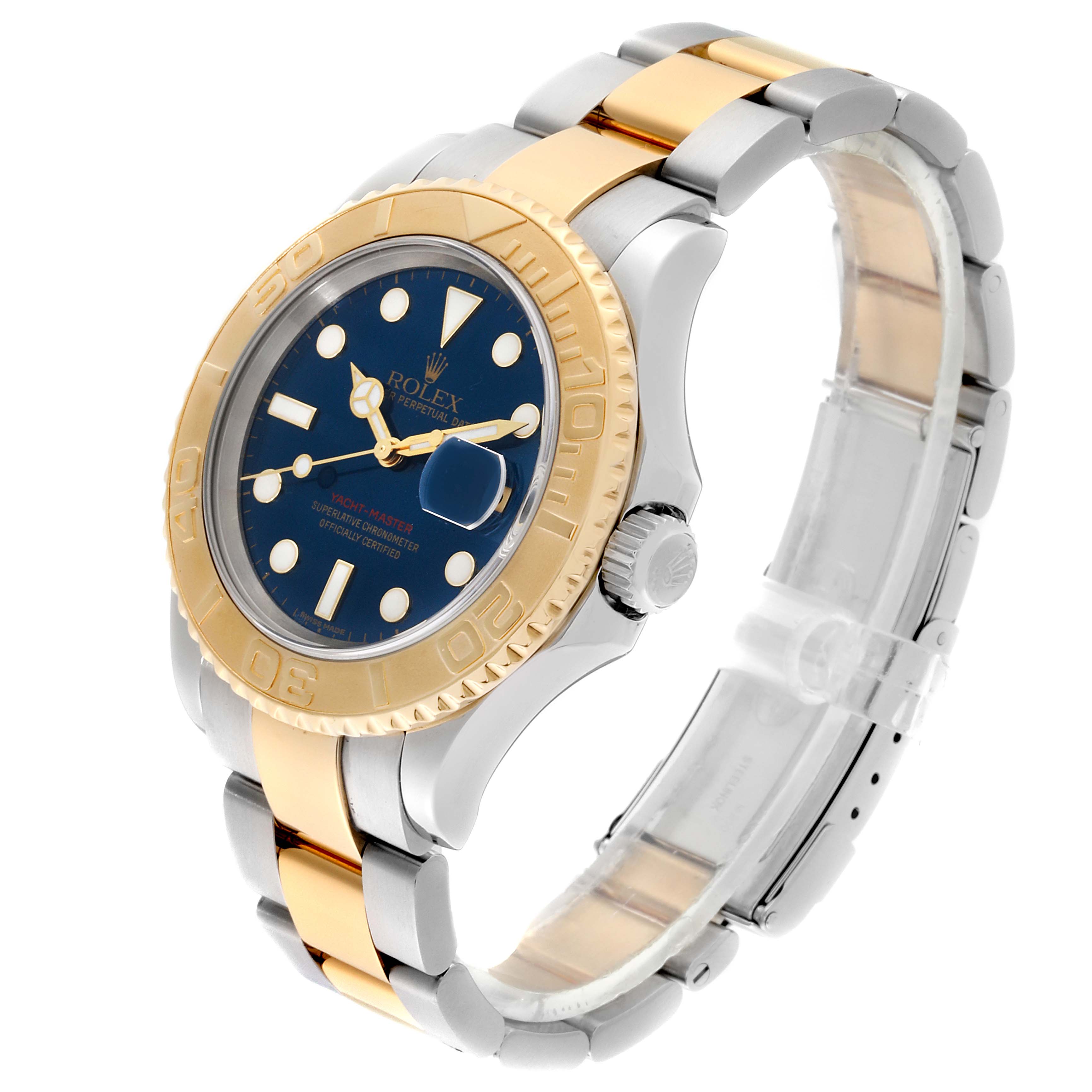 This Rolex Yacht-Master 16623 Men's Steel and Gold (two tone) Blue Dial 16623 Men's Steel and Gold (two tone) Blue Dial watch is shown from a three-quarter angle, highlighting the dial, bezel, and bracelet.