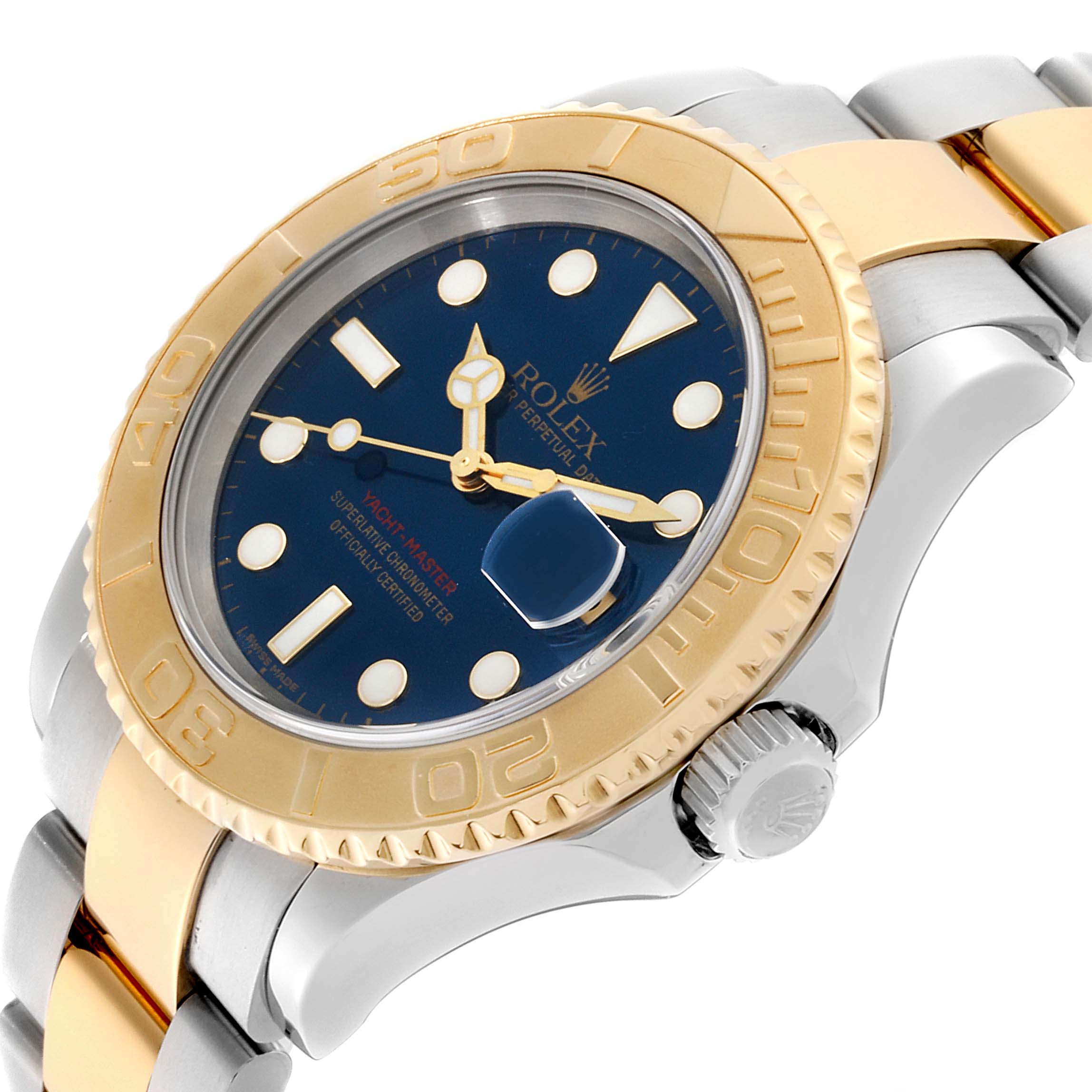 This image shows a side angle of the Rolex Yacht-Master 16623 Men's Steel and Gold (two tone) Blue Dial 16623 Men's Steel and Gold (two tone) Blue Dial watch, highlighting the bezel, face, and part of the bracelet.
