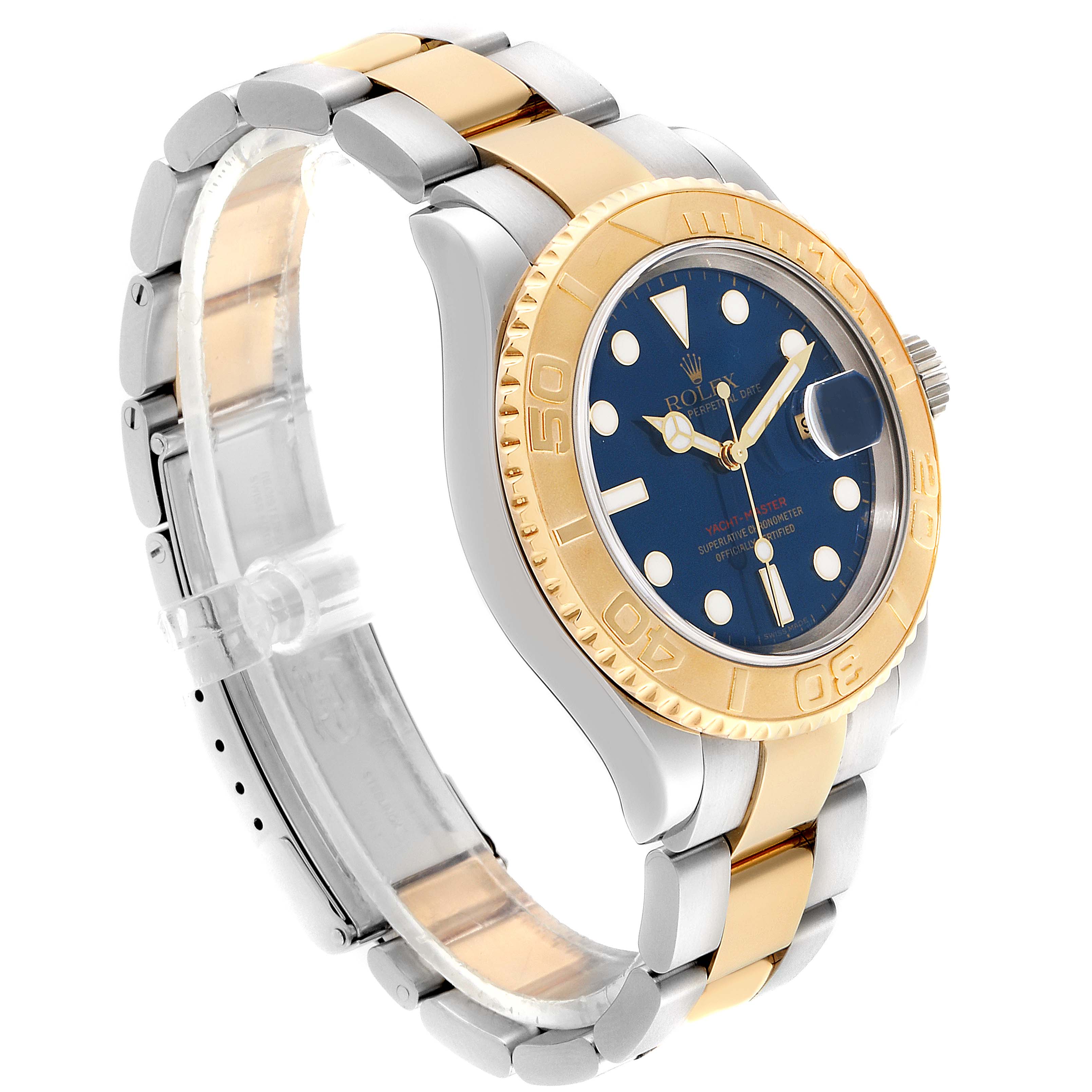 The Rolex Yacht-Master 16623 Men's Steel and Gold (two tone) Blue Dial 16623 Men's Steel and Gold (two tone) Blue Dial watch is shown at a three-quarter angle, highlighting its blue dial, gold bezel, and two-tone bracelet.