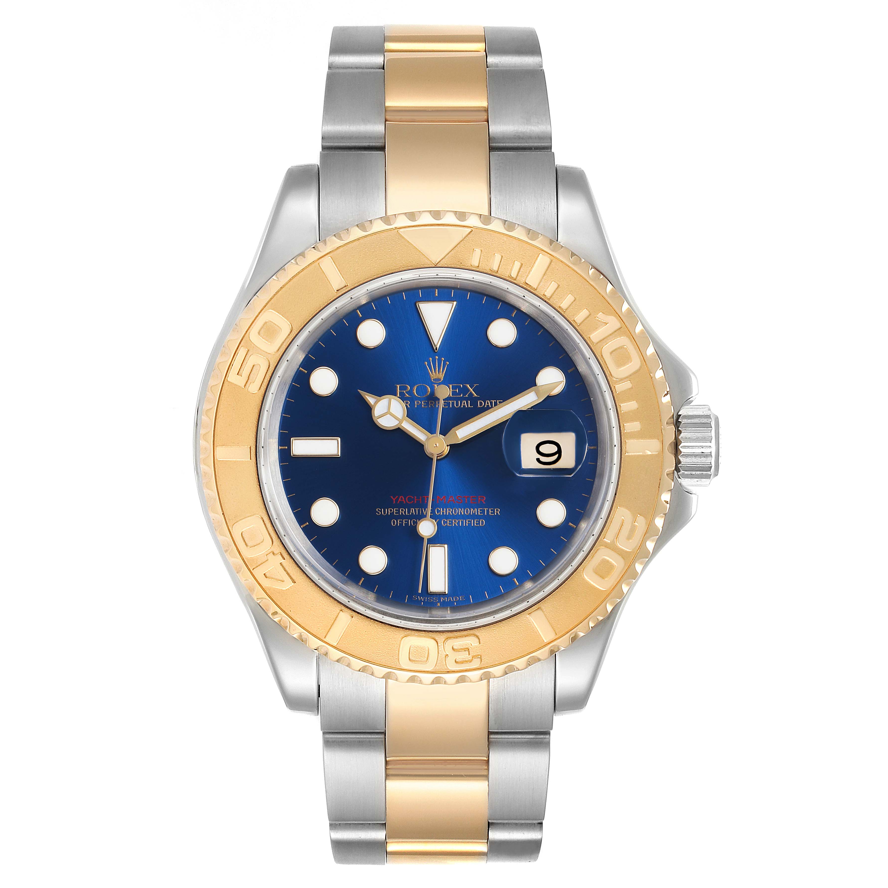 The watch is a Rolex Yacht-Master 16623 Men's Steel and Gold (two tone) Blue Dial 16623 Men's Steel and Gold (two tone) Blue Dial model shown from the front, featuring a gold bezel and blue dial with a two-tone bracelet.